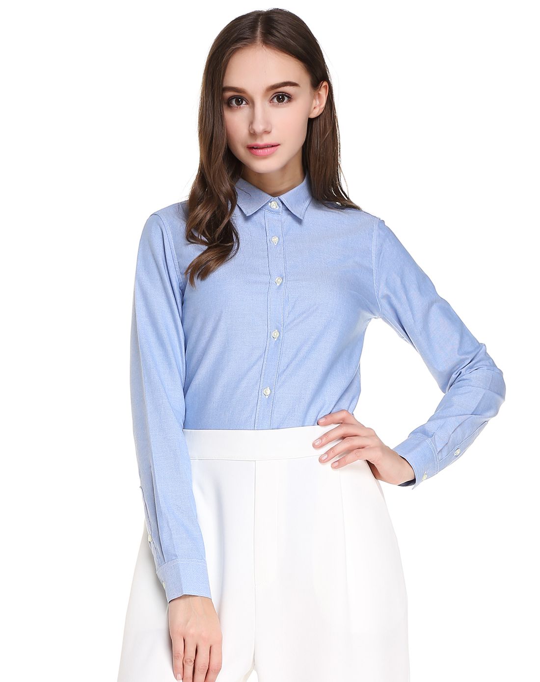 女款浅蓝色修身时尚长袖衬衫