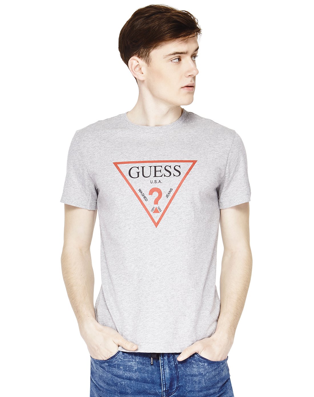 guess时髦男女装 有型有youngguess 情侣款17春男士倒三角logo印花纯