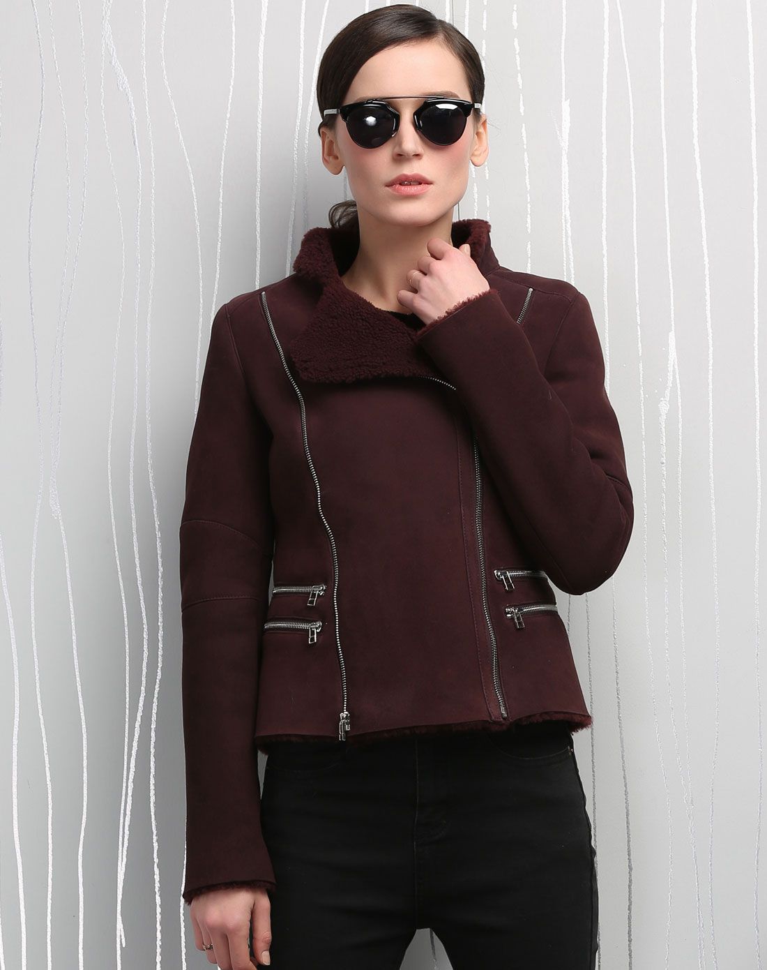 红咖色短款机车款皮毛一体