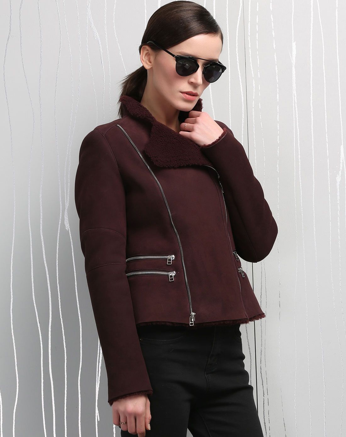 红咖色短款机车款皮毛一体