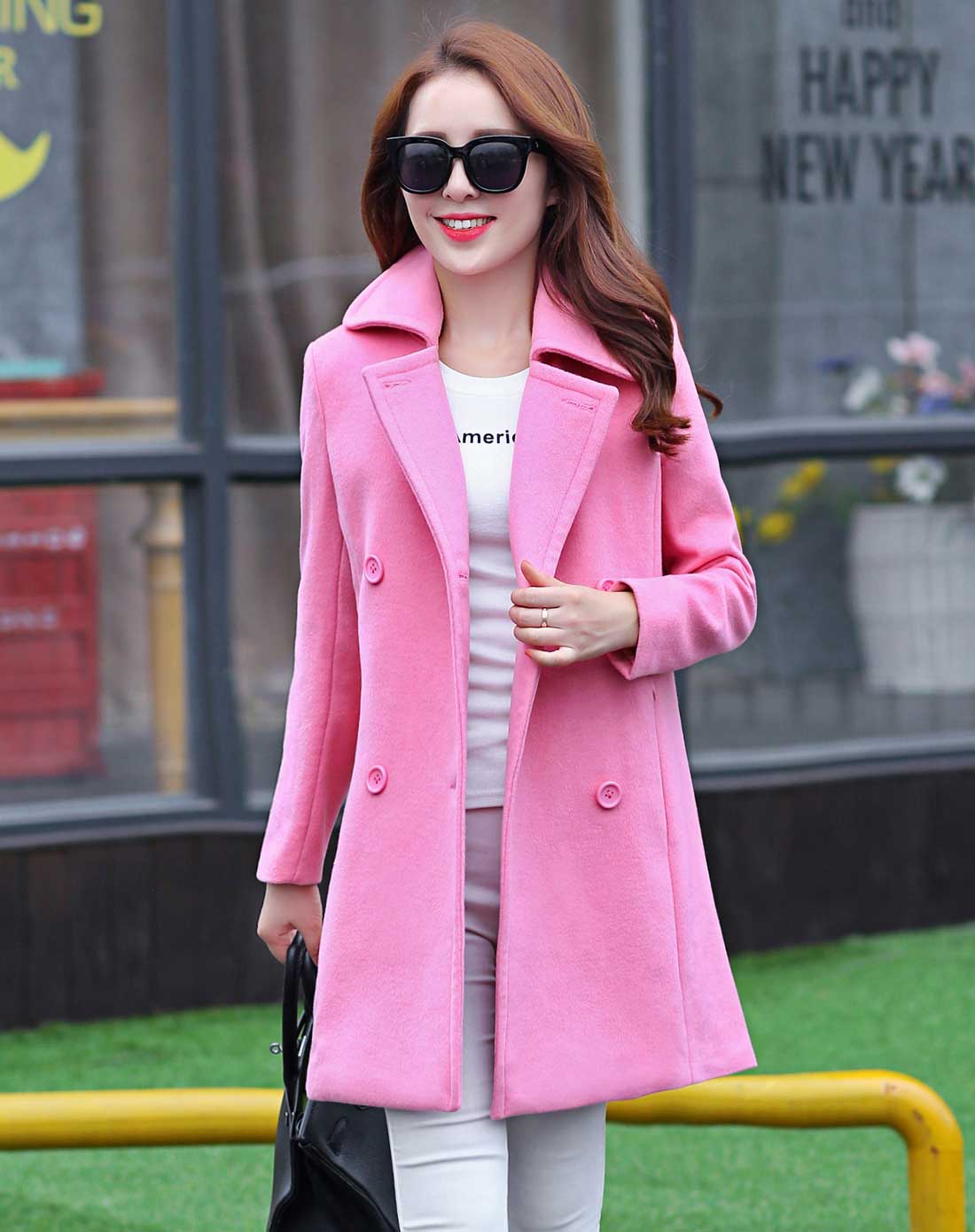 女粉色纯色翻领双排扣毛呢大衣