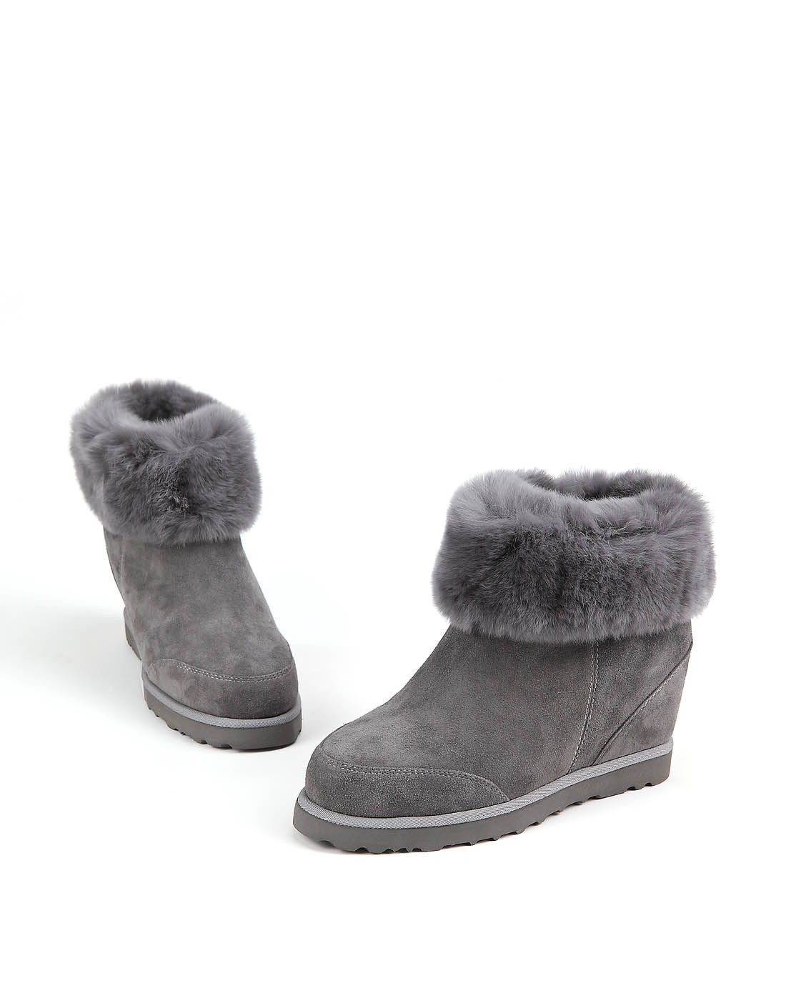 女款灰色羊猄皮带毛内增高雪地靴