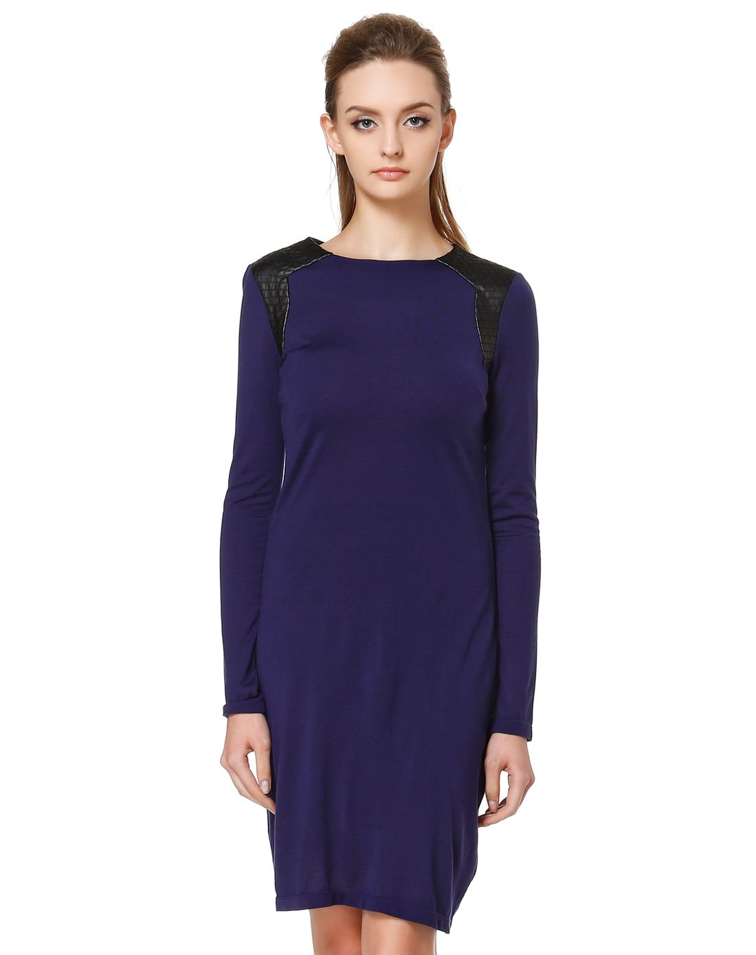 深紫蓝色简约魅力长袖连衣裙