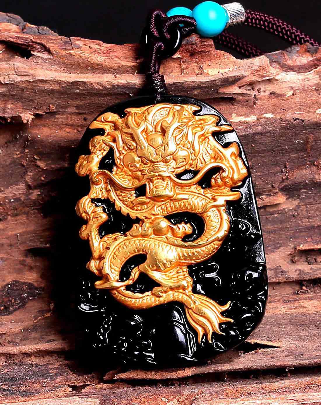 盈满堂 (新品首发)天然黑曜石镀18k金龙牌吊坠龙翔天下