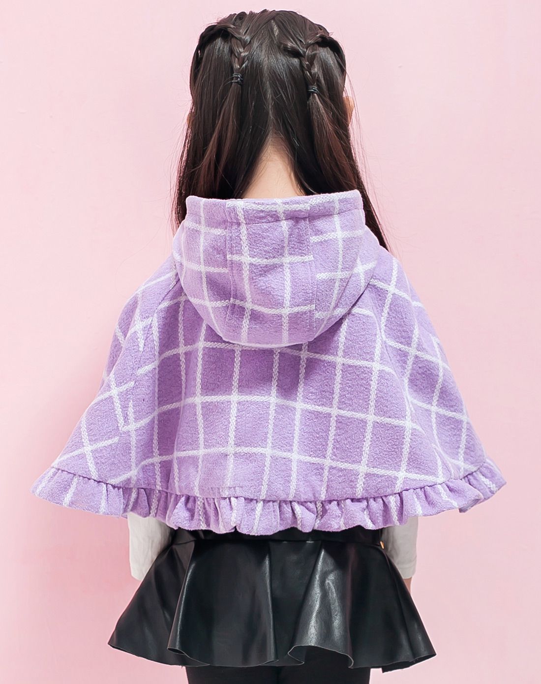 女童秋冬呢子紫色格子连帽斗篷上衣