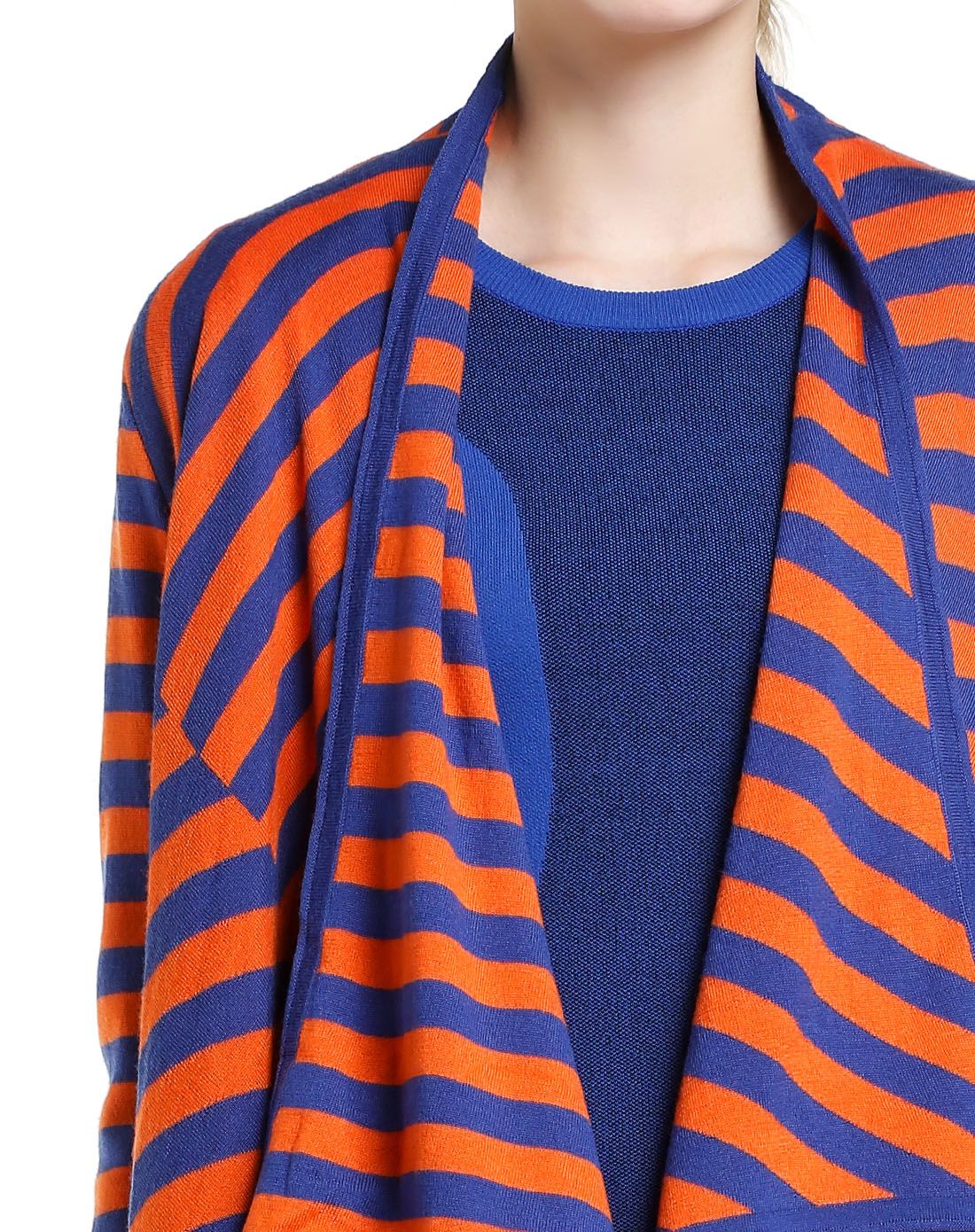 桔/蓝色韩版条纹羊毛开襟长袖针织衫