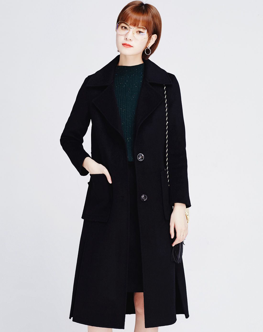krseed韩风原创设计师黑色长款羊绒大衣x2636dy02_唯品会