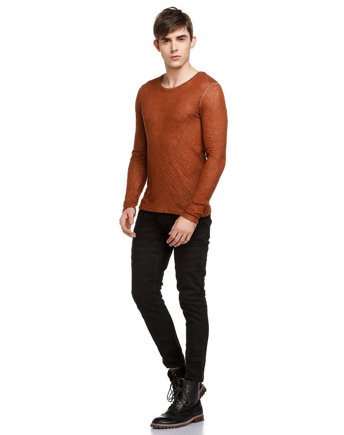 深铜棕色简约休闲长袖针织衫