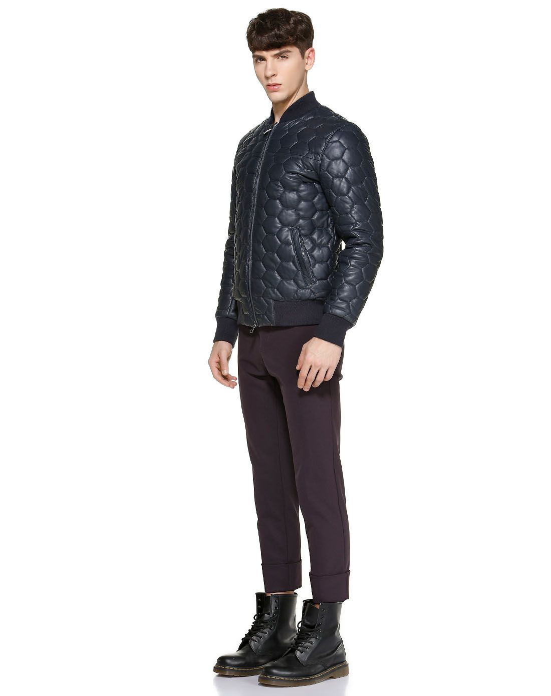 dkny男装专场 > 藏蓝色稳重菱格纹长袖皮外套