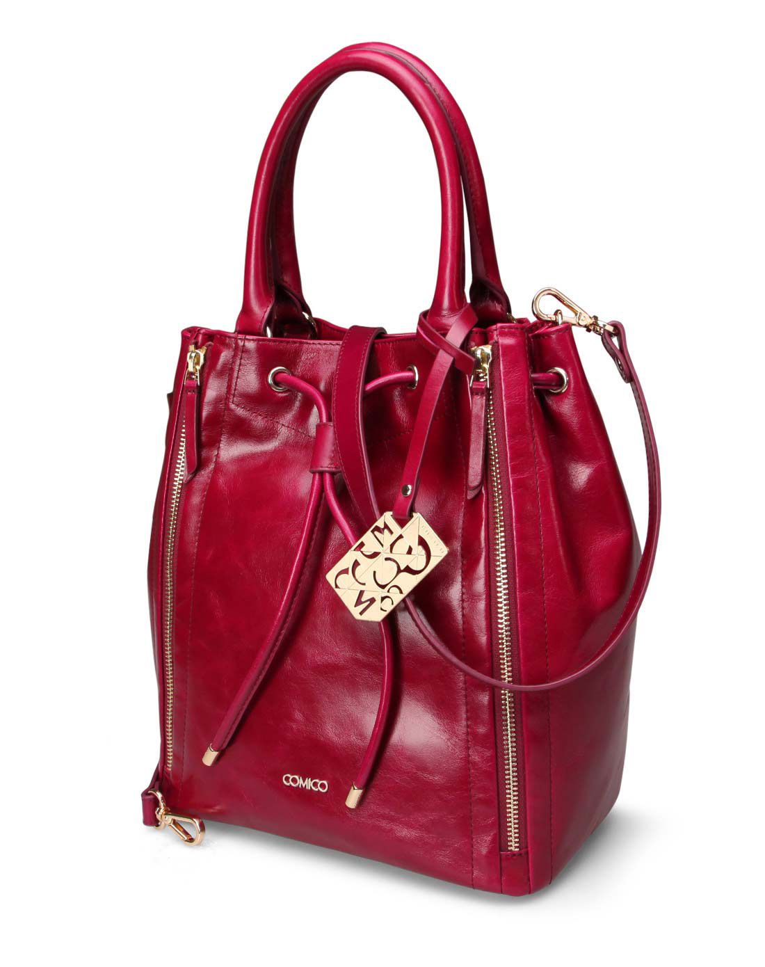 comico高美高女款紫红色时尚简约水桶包单肩手提斜跨包c4926