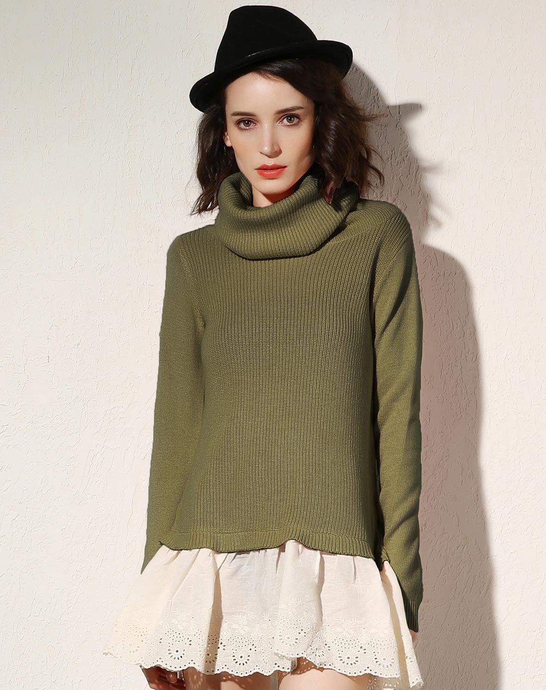 苔藓绿修身假两件针织衫