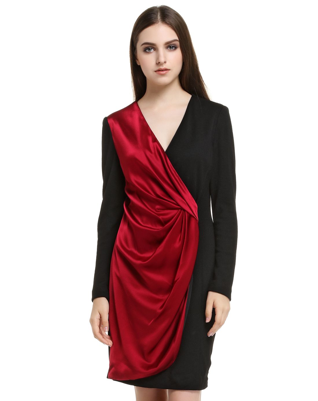 黑/酒红色性感高贵典雅长袖连衣裙