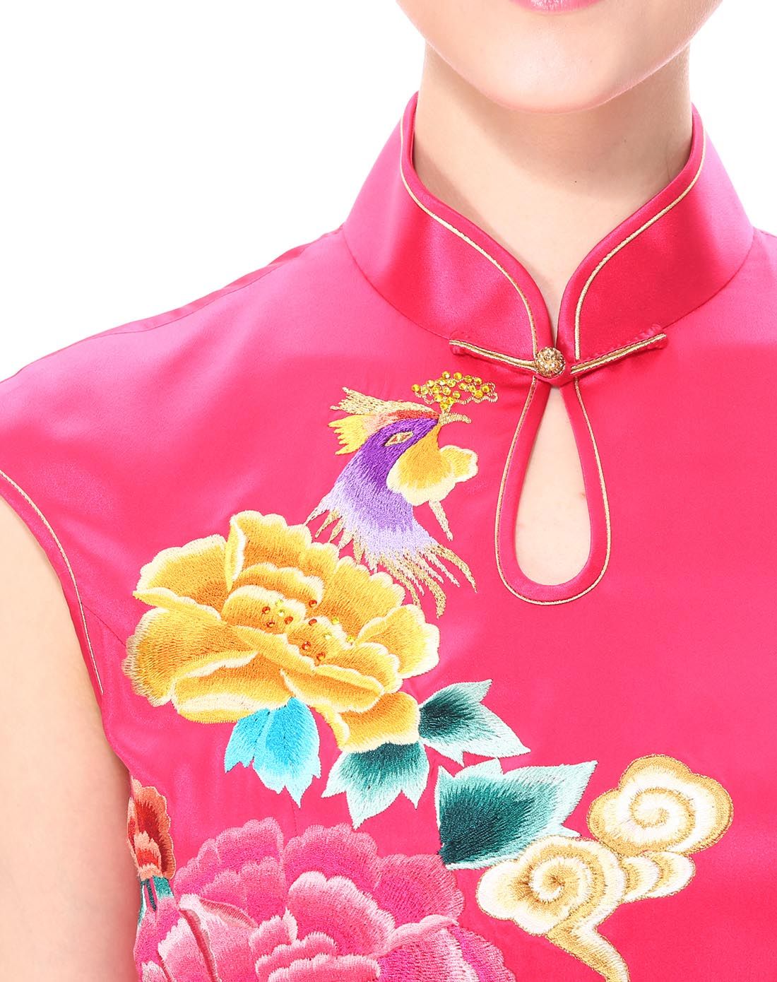 女款真丝手工绣花凤凰旗袍