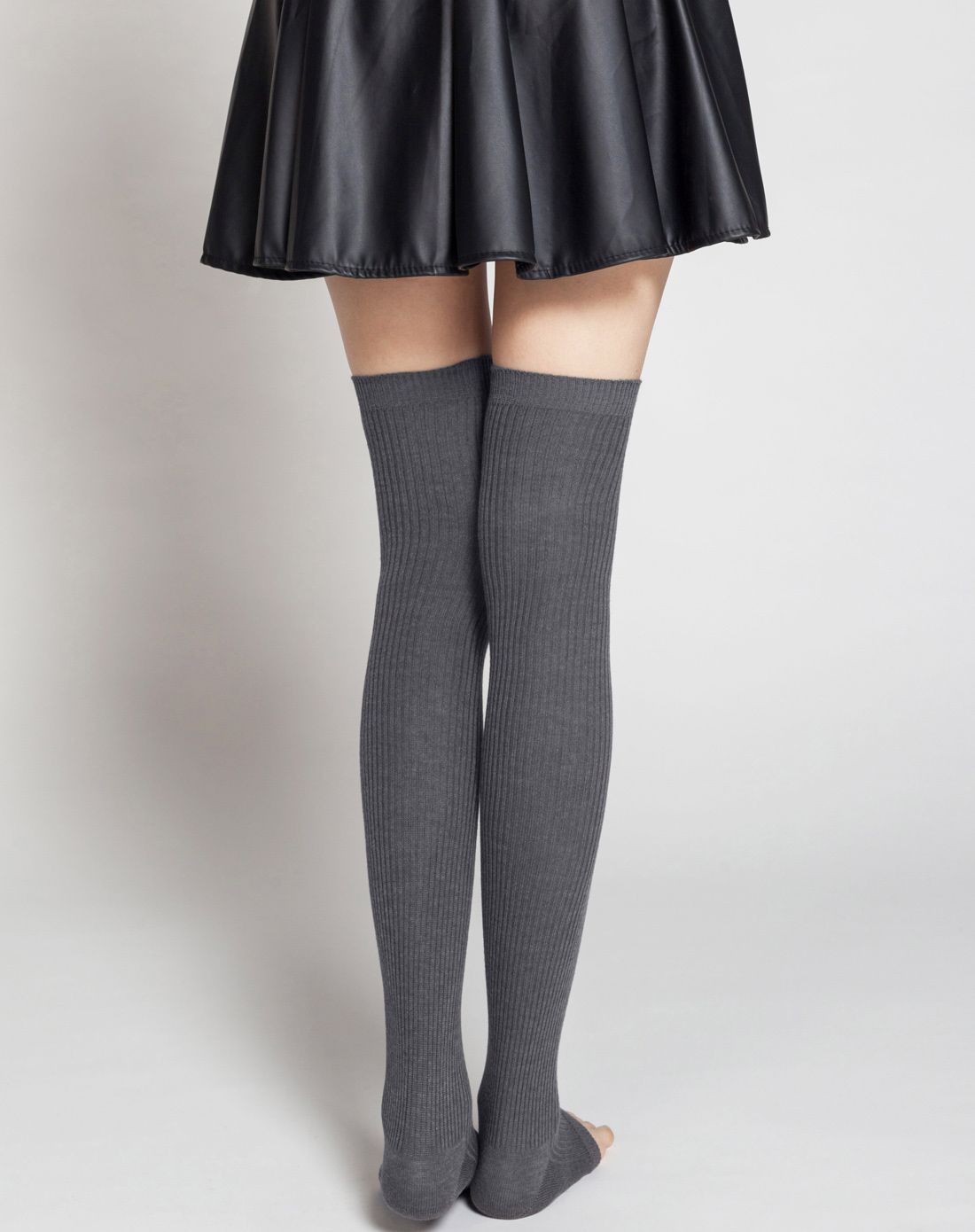 灰色时尚露趾横条打底棉高筒袜2双装