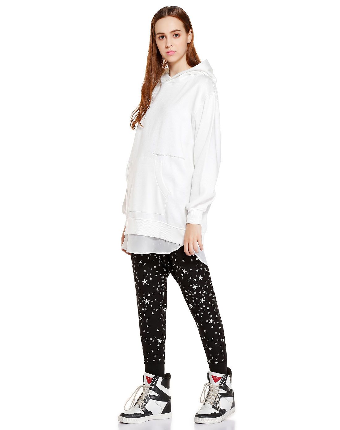 > b ab白色连帽百搭长袖长款卫衣