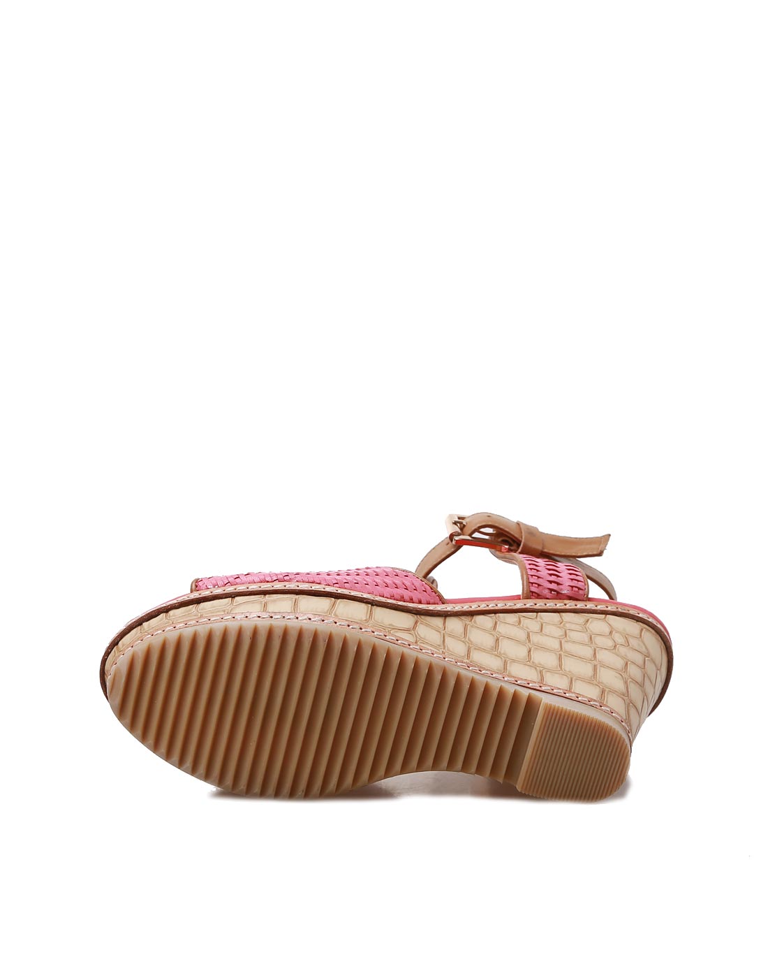 石头纹坡跟编织皮凉鞋