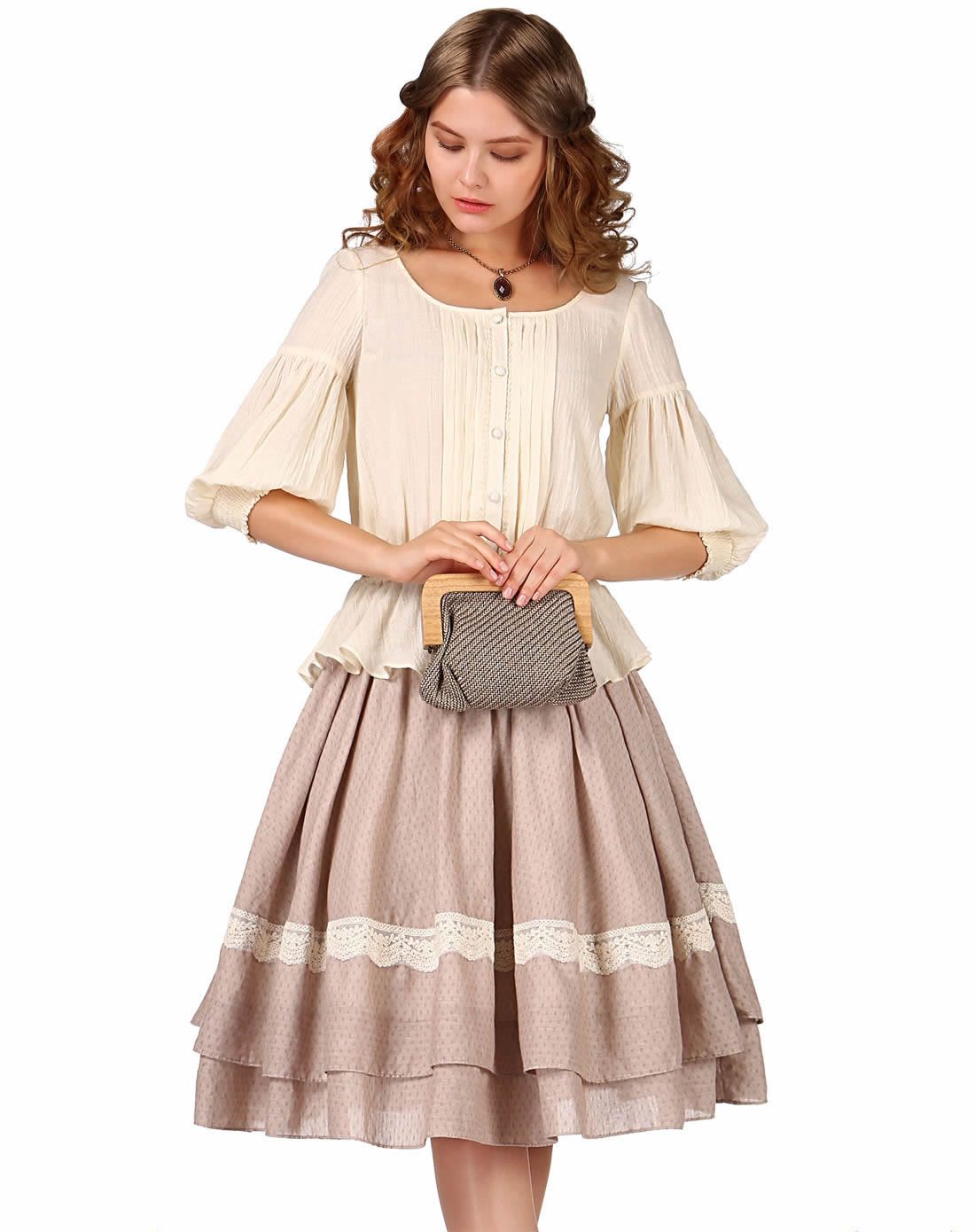 压褶圆领复古宫廷袖衬衫