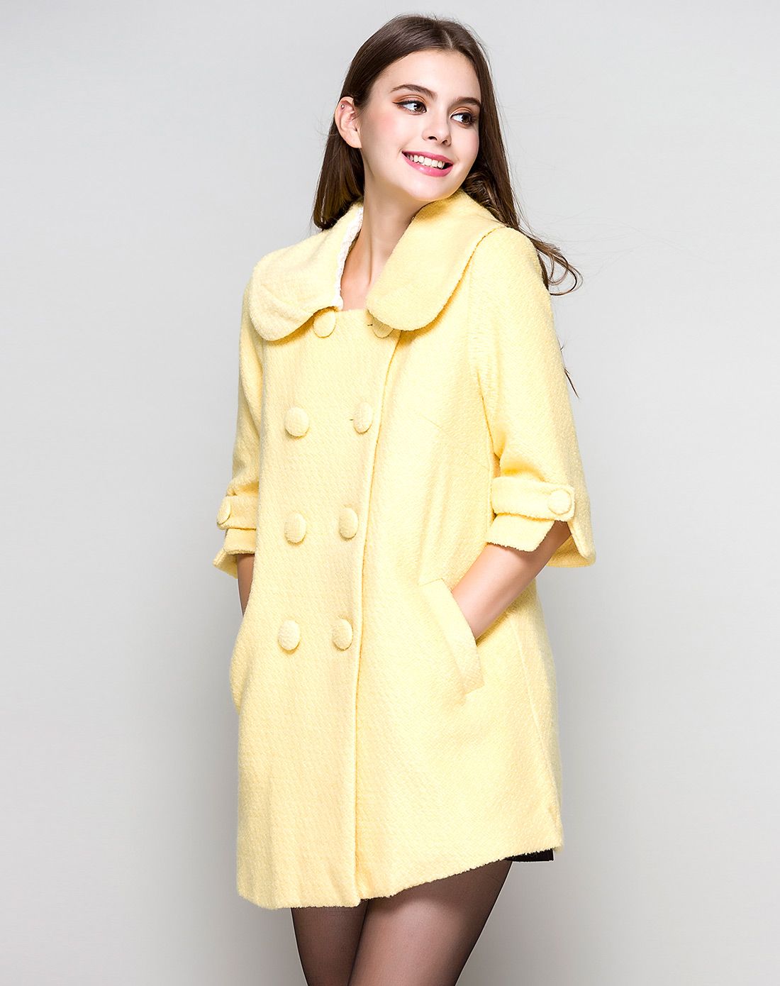 芥末黄七分袖双排扣呢子大衣