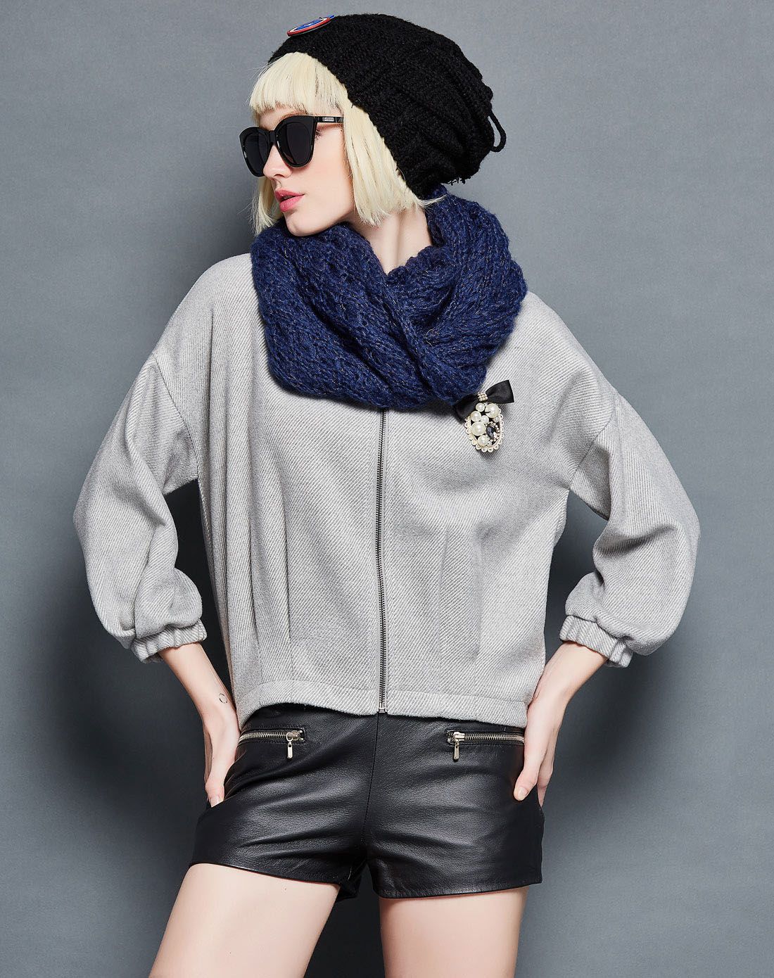 > palazzo di mode2015秋低领宽松休闲女短款外套灰