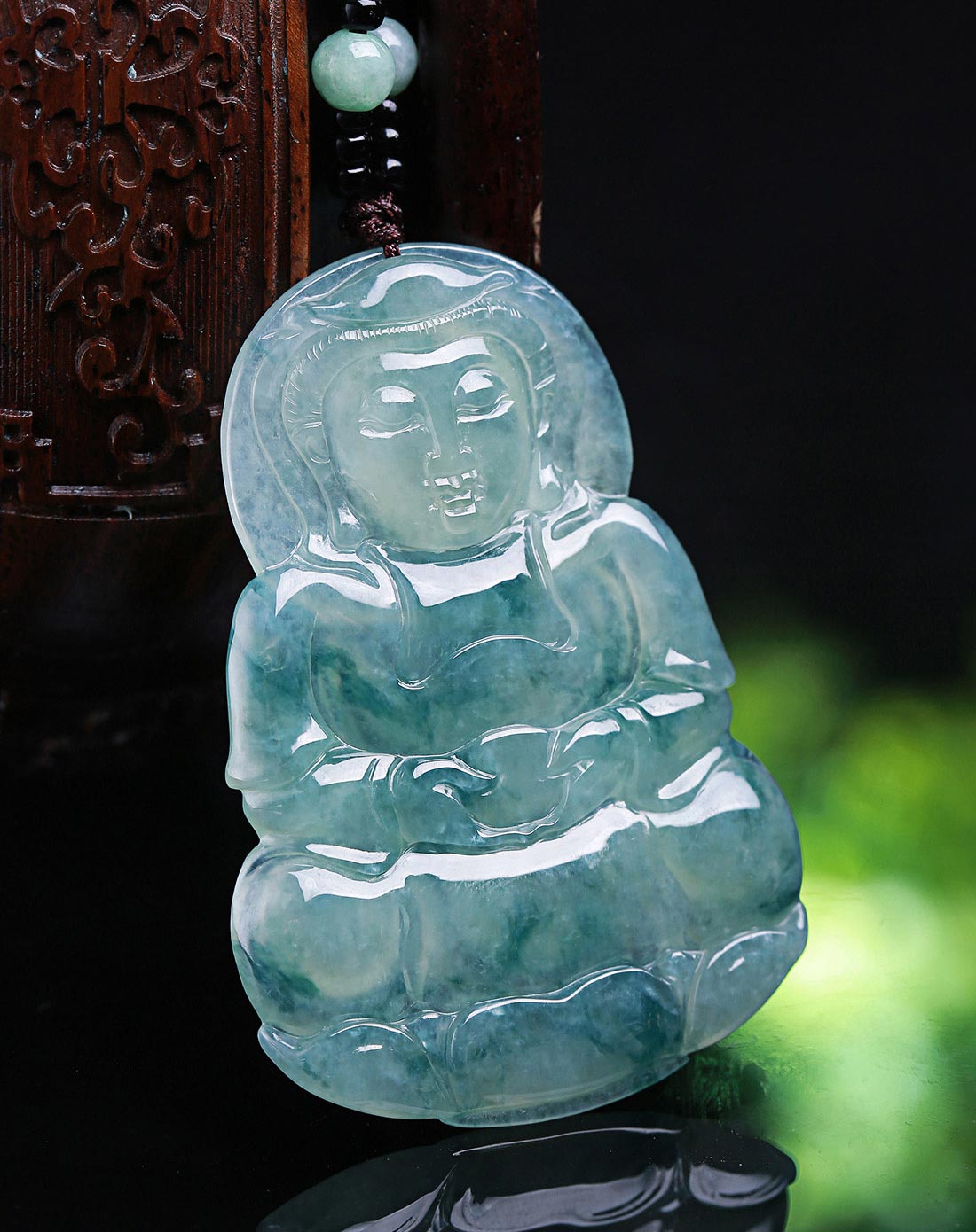 天然a货翡翠老坑冰糯种飘蓝花官运亨通观音吊坠