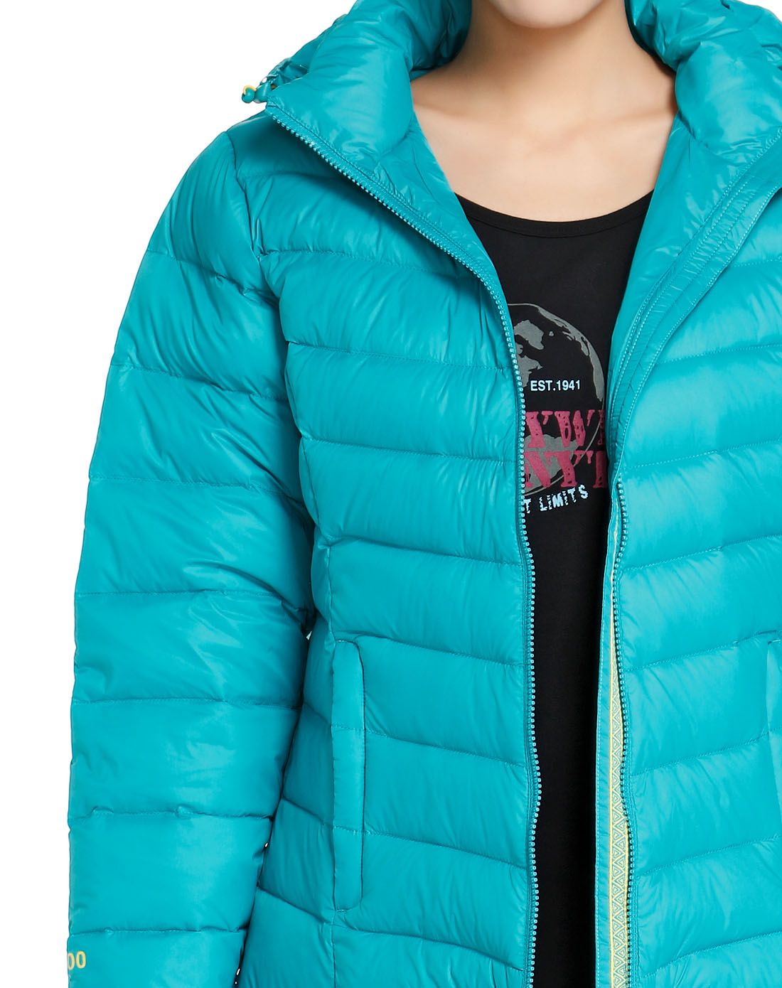 轻盈保暖 女款蓝绿色羽绒服 长袖连帽