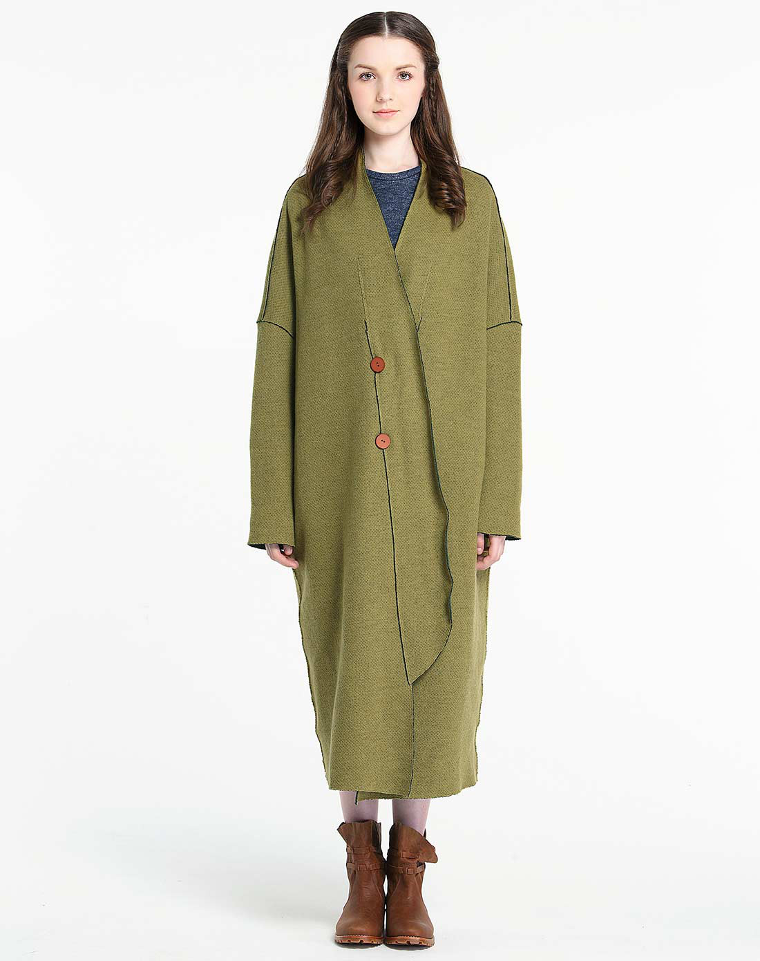 女款抹茶色双层布长款呢大衣