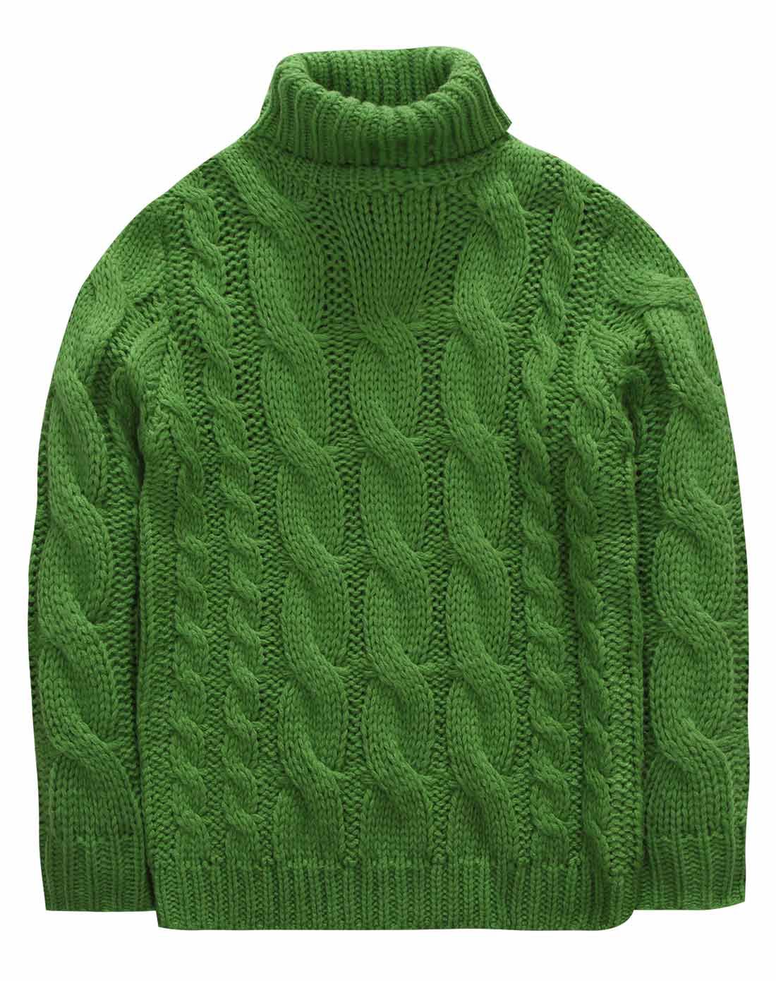 中性绿色粗织麻花纹圆领毛衣