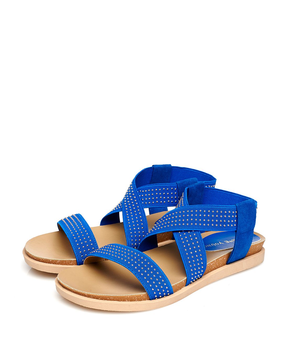 达芙妮时尚低跟布面铆钉交叉绑带蓝色女凉鞋