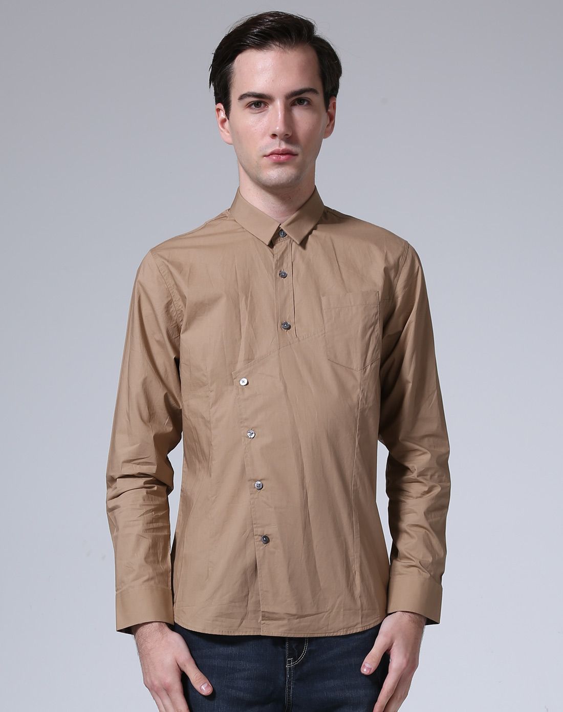 英伦时尚深卡其色斜襟长袖衬衫