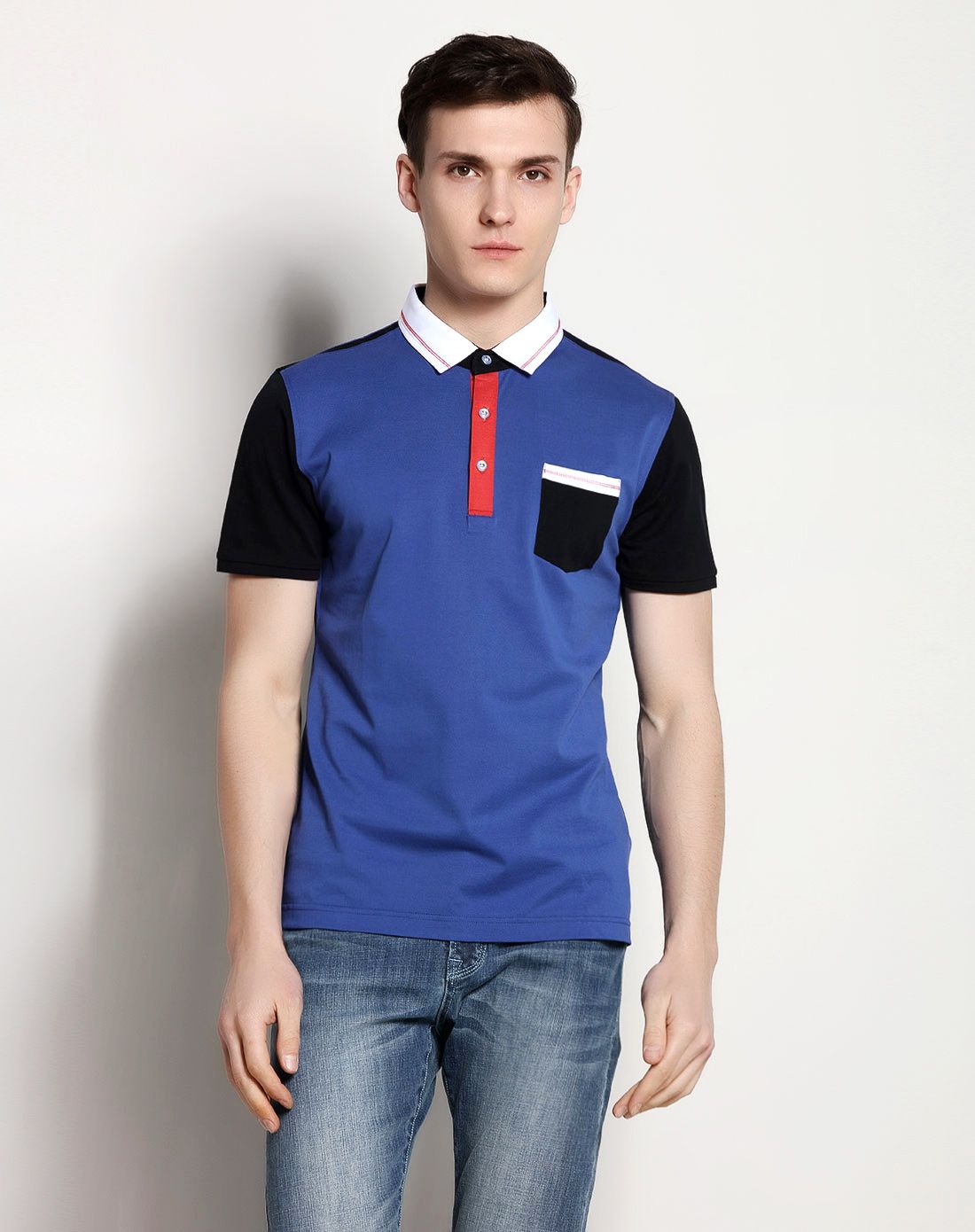 蓝色丝光棉撞色拼接短袖polo衫