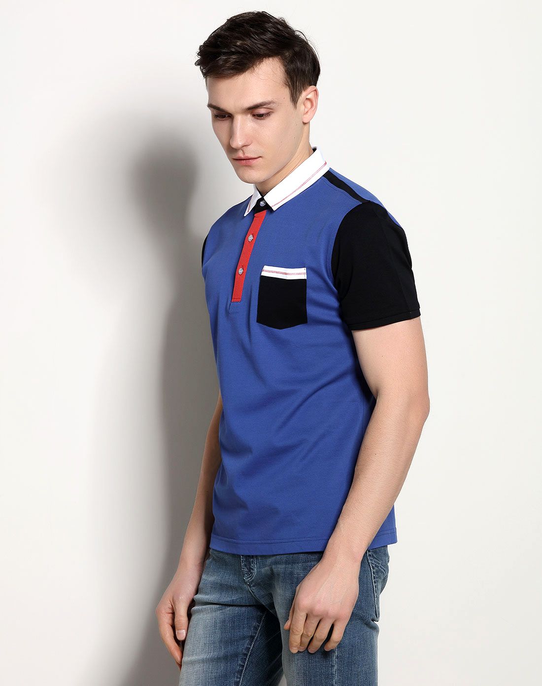 蓝色丝光棉撞色拼接短袖polo衫