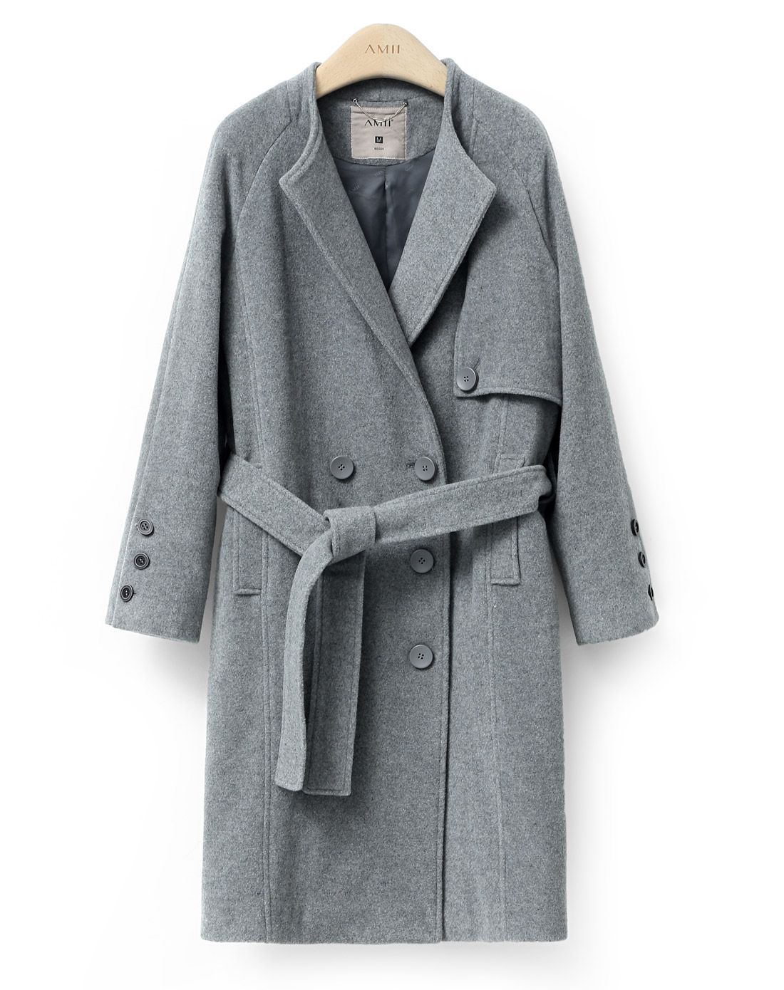 雾灰宽松系带毛呢大衣