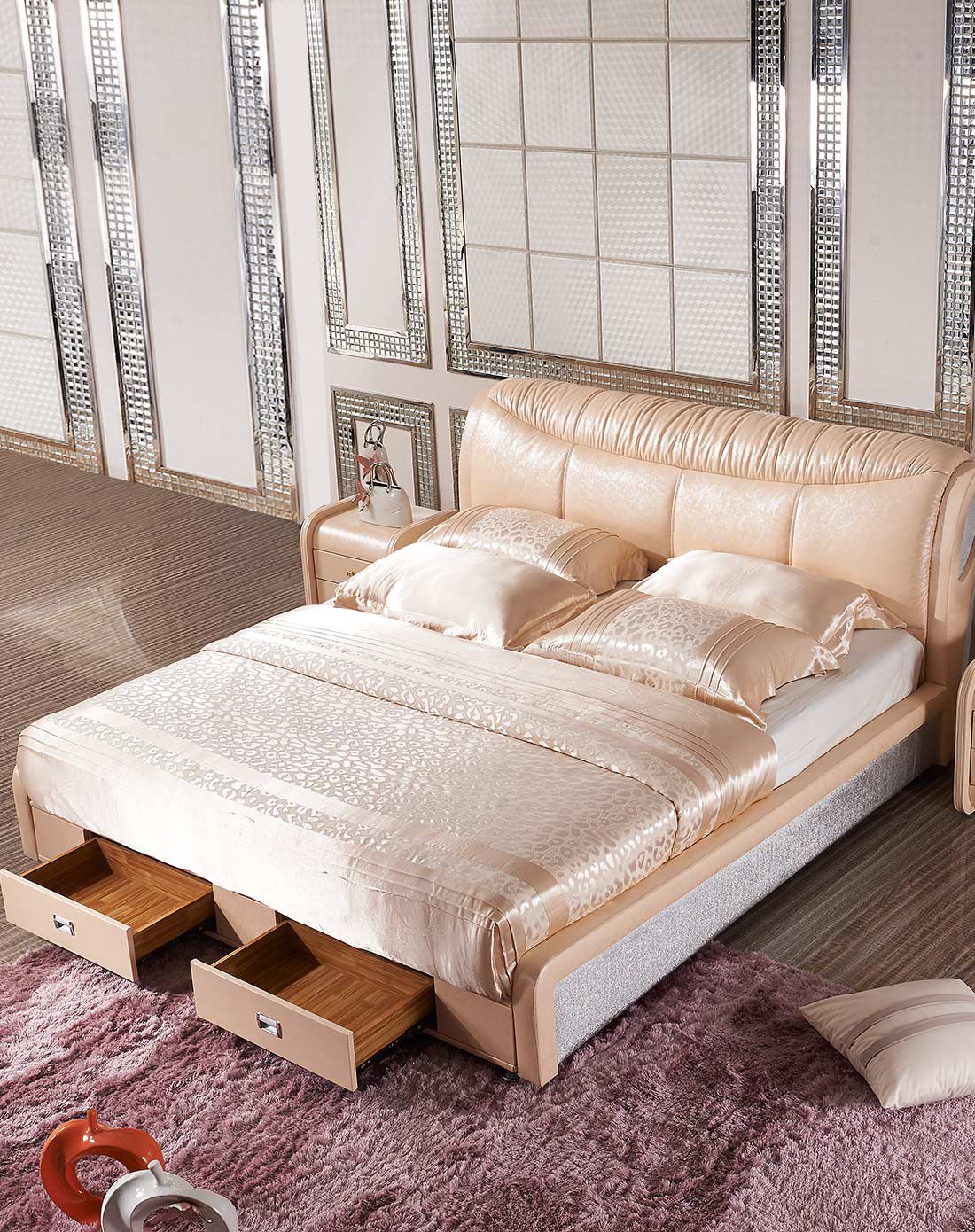 功能储物床尾带抽中厚牛皮床1.8米