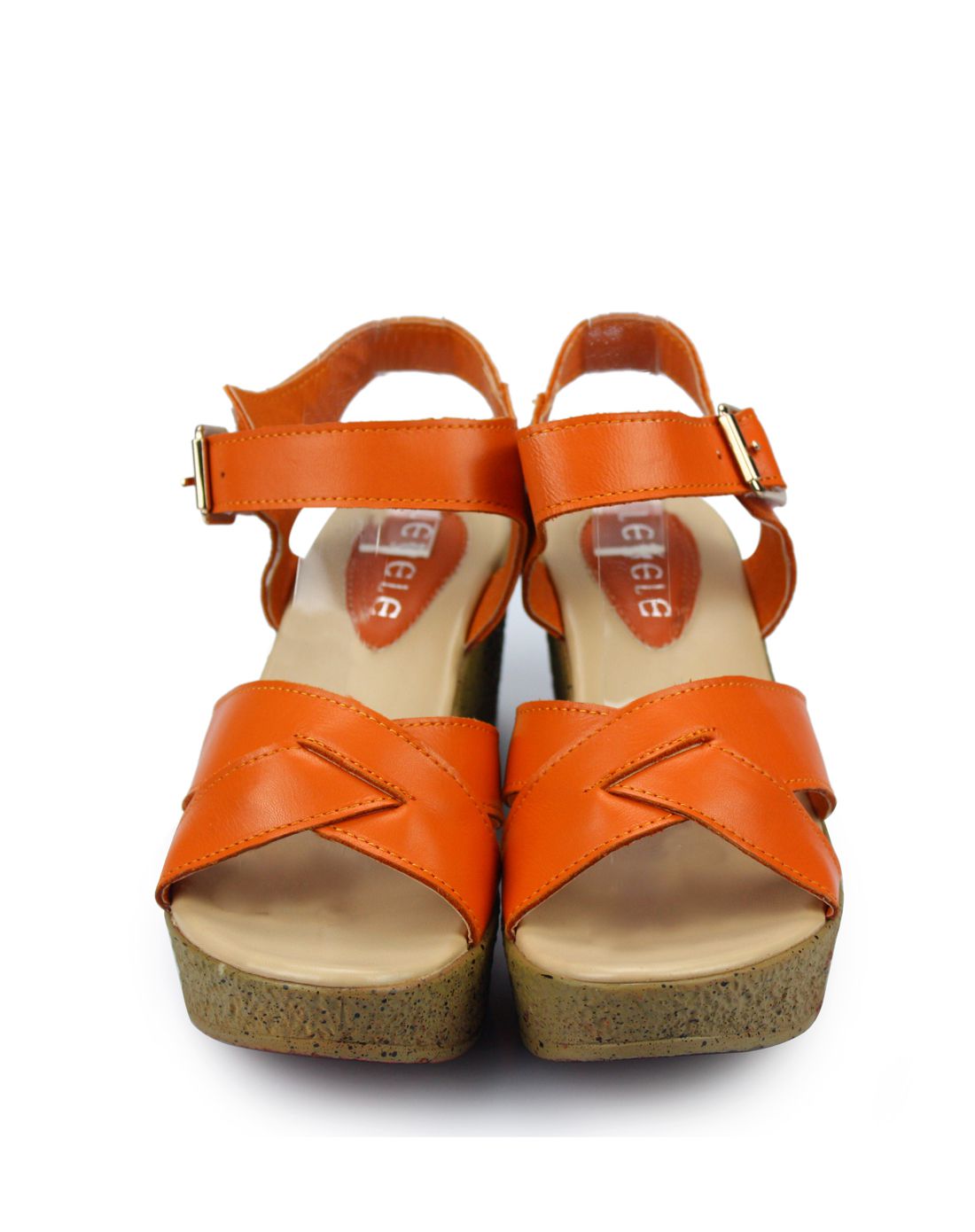 橙色牛皮简约交叉搭带坡跟凉鞋