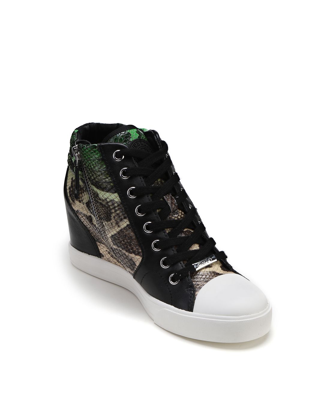 dkny女款黑配多色时尚蛇皮设计坡跟休闲鞋