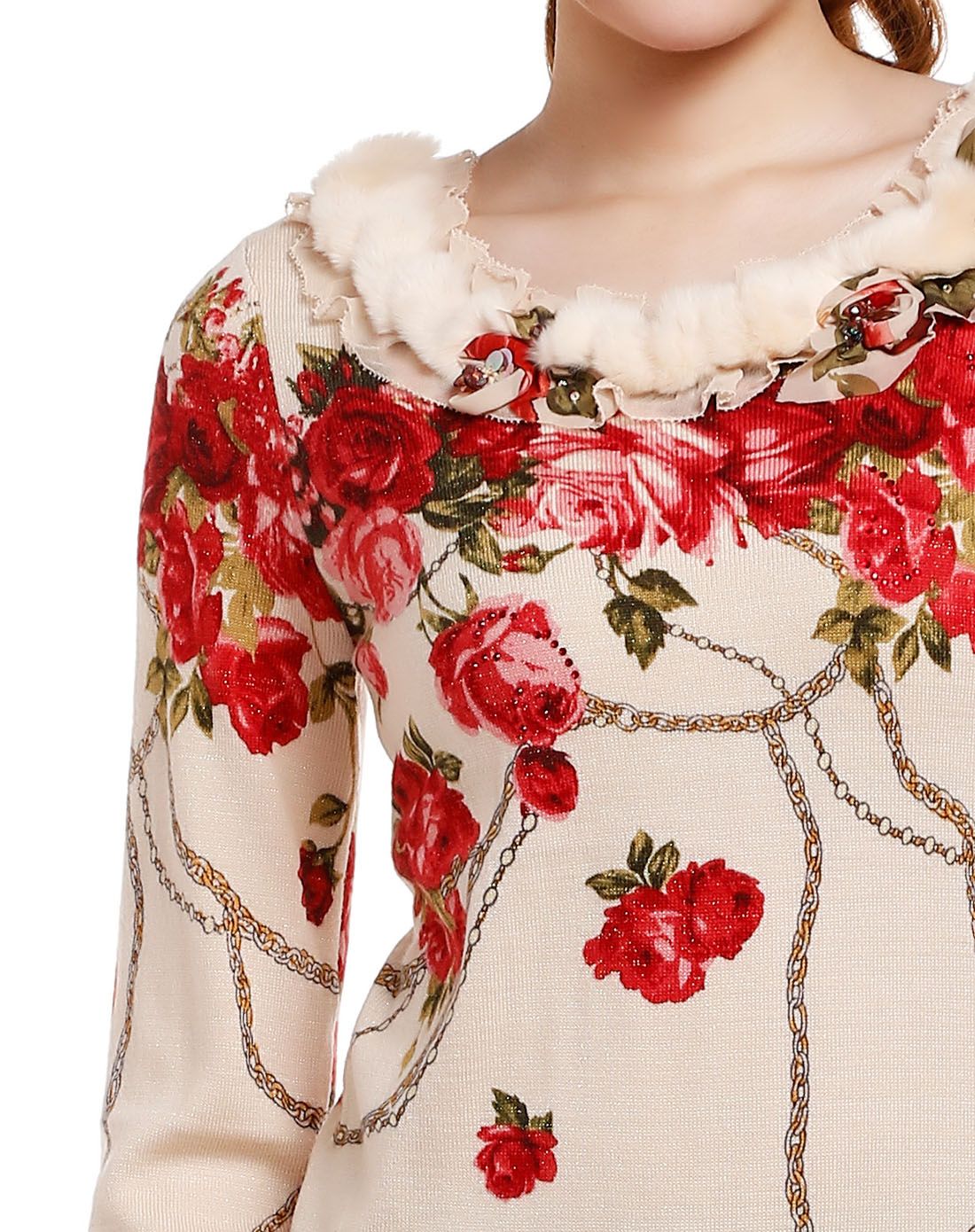 杏/红色优雅印花长袖针织衫