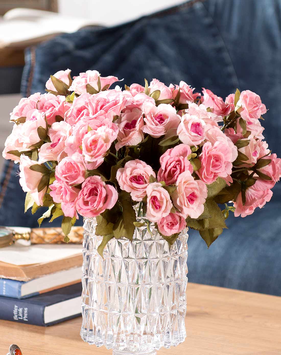 水晶玻璃璀璨花瓶配玛利亚玫瑰花3束 粉红色