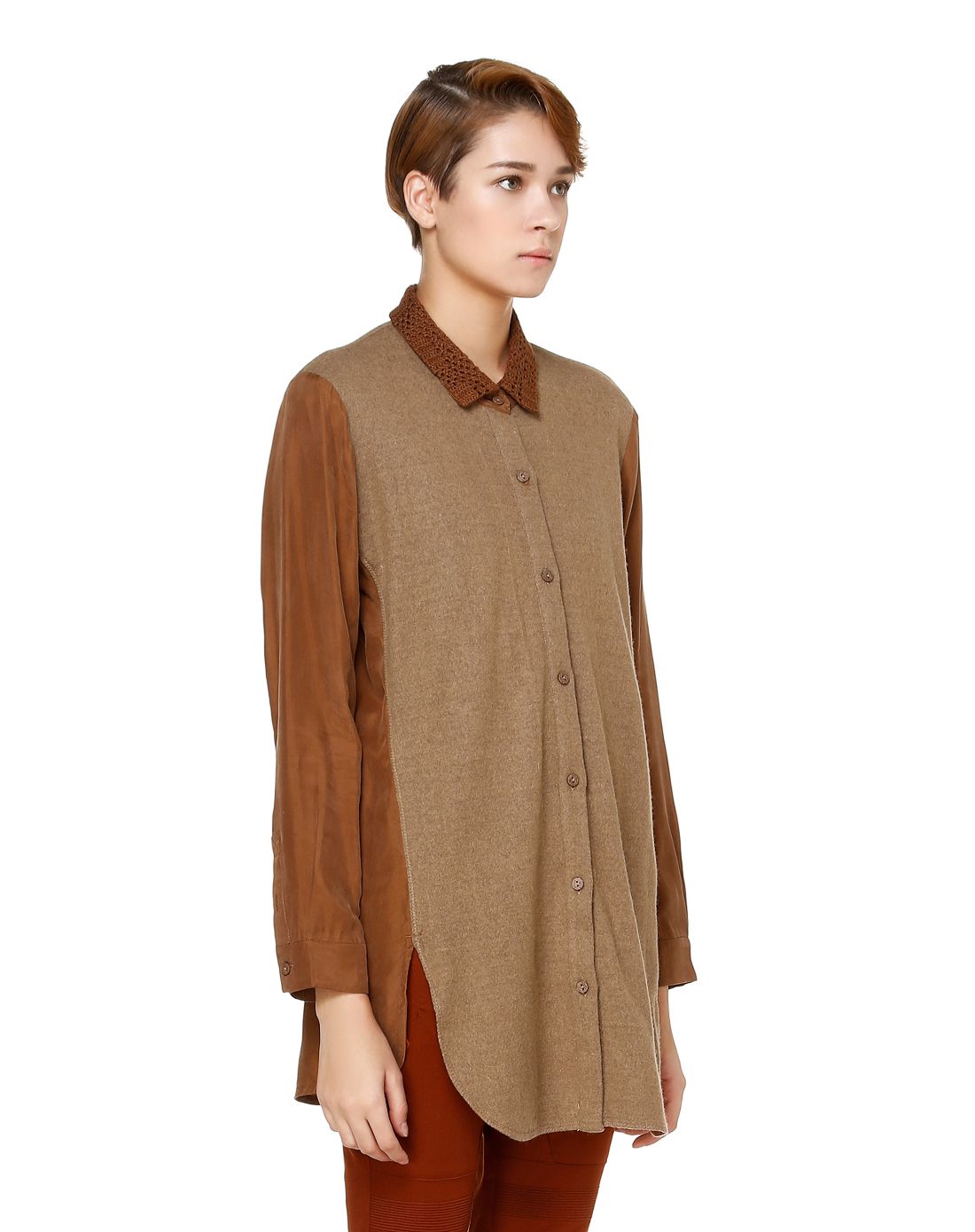 棕褐色休闲甜美衬衫