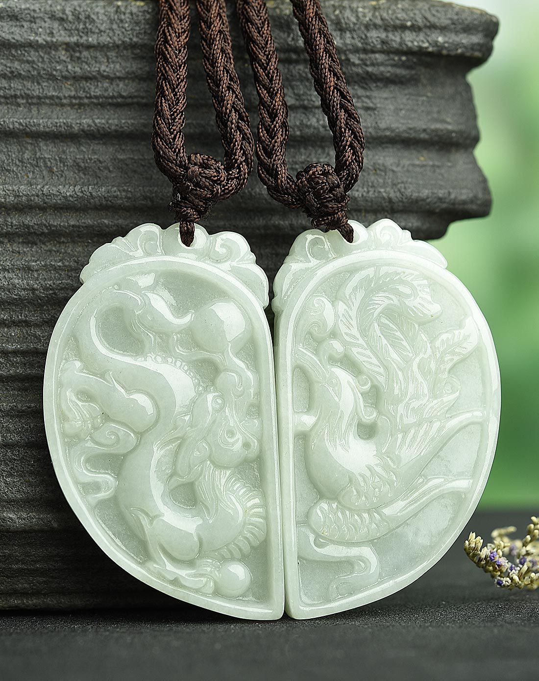 一品翠 天然翡翠a货心意合一对龙凤对牌情侣吊坠(附证书)