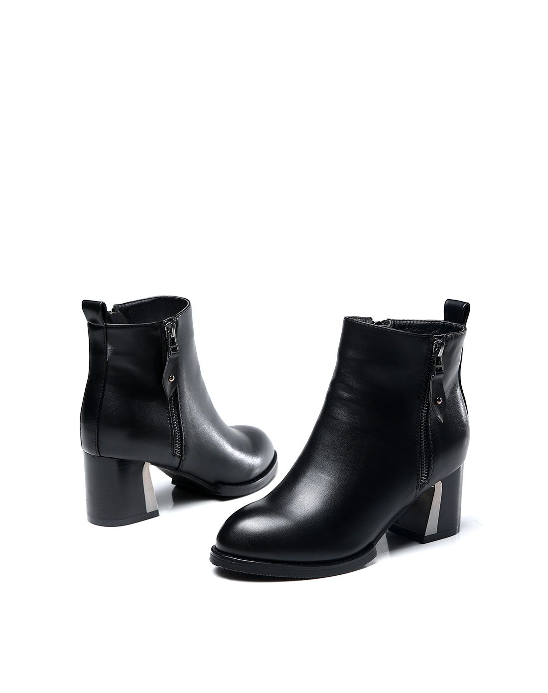 卓诗尼2015线上专供黑色英伦粗跟侧拉链女靴