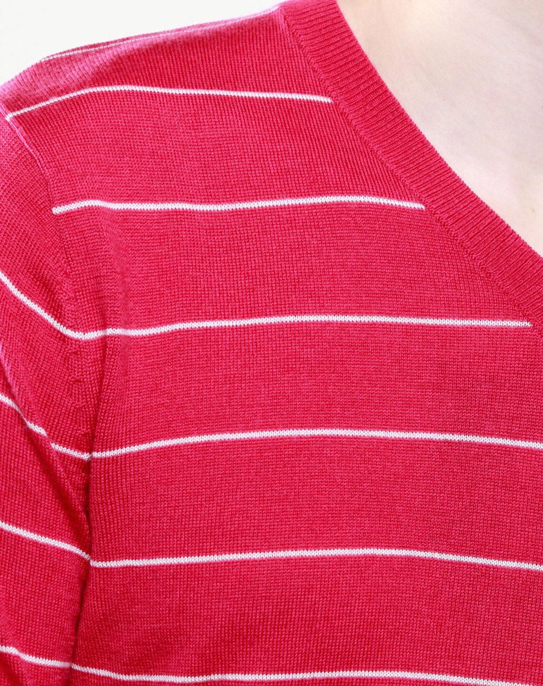 桃红色亲肤纯羊毛可机洗百搭条纹毛衫