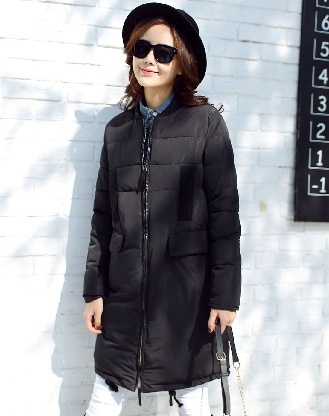 黑色 女士中长款棉服