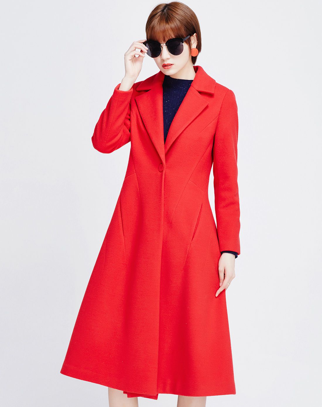 红色气质欧美单扣长款大衣