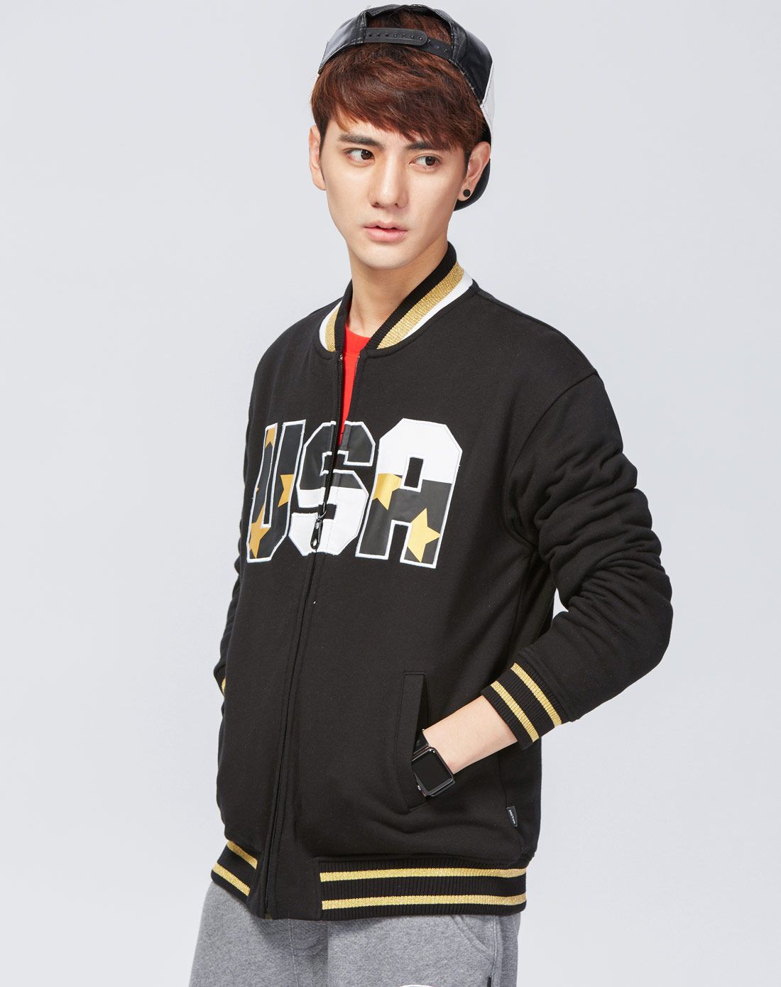 韩版潮流 男款黑色棒球服外套 活力新凝