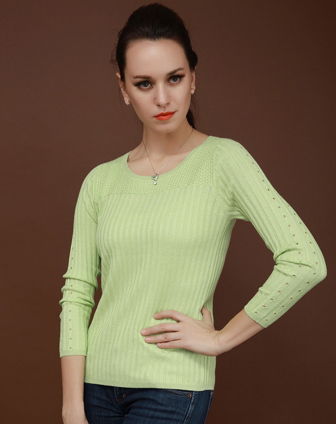 雪兰女士锦新绿色桑蚕丝针织衫