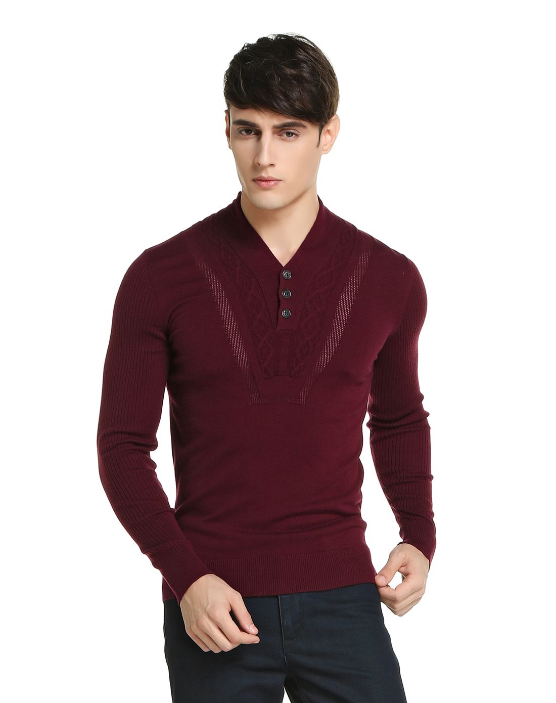 时尚和尚领暗纹羊毛衫