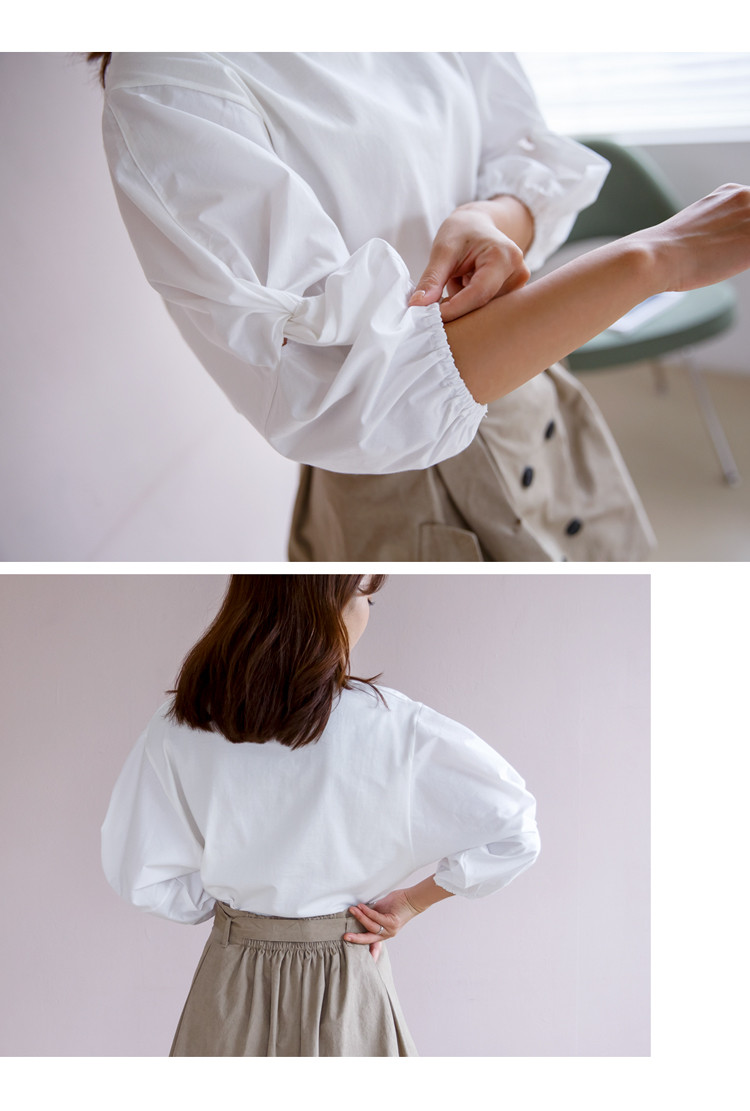 marie stories 2018秋冬新款 韩版宽松圆领纯色泡泡袖拼接袖松紧袖口