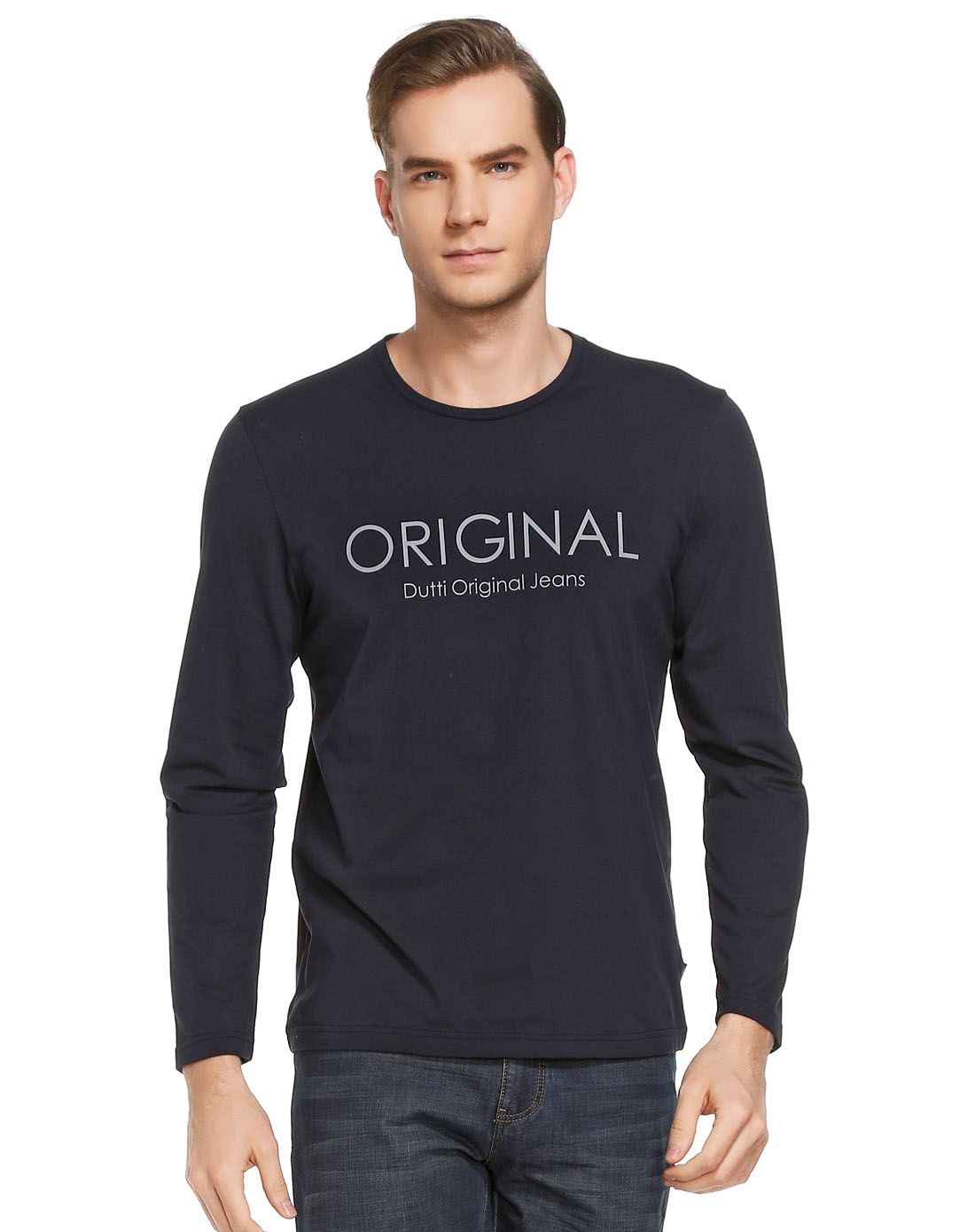 阿格纳dutti original男装专场 深蓝色简洁百搭圆领长袖t恤