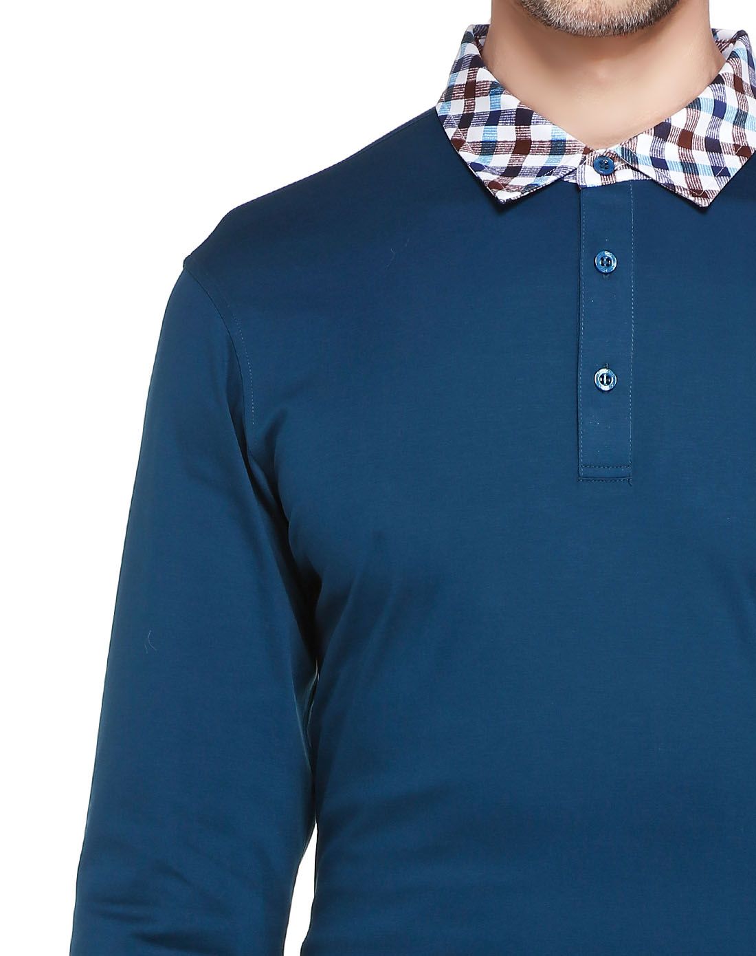 深湖蓝色时尚潮流长袖polo衫