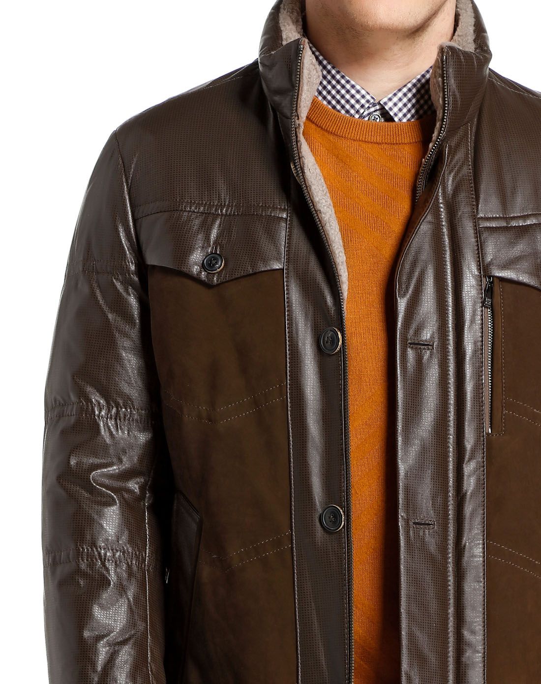 博斯绅威bosssunwen咖啡色立领潮流个性拼接长袖羽绒皮衣fwzp32682c1